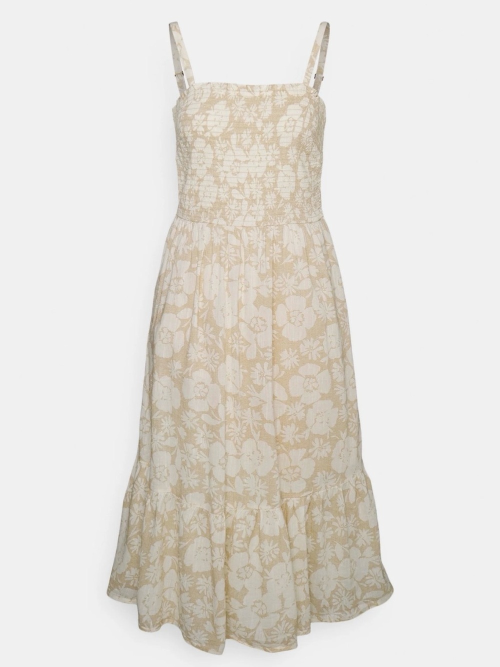 Gap Smocked Floral Midi Dress Beige Cream Tiered Cottagecore Size L - Picture 4 of 8